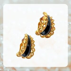 St. John Vintage Black Enamel Gold Clip-On Earrings